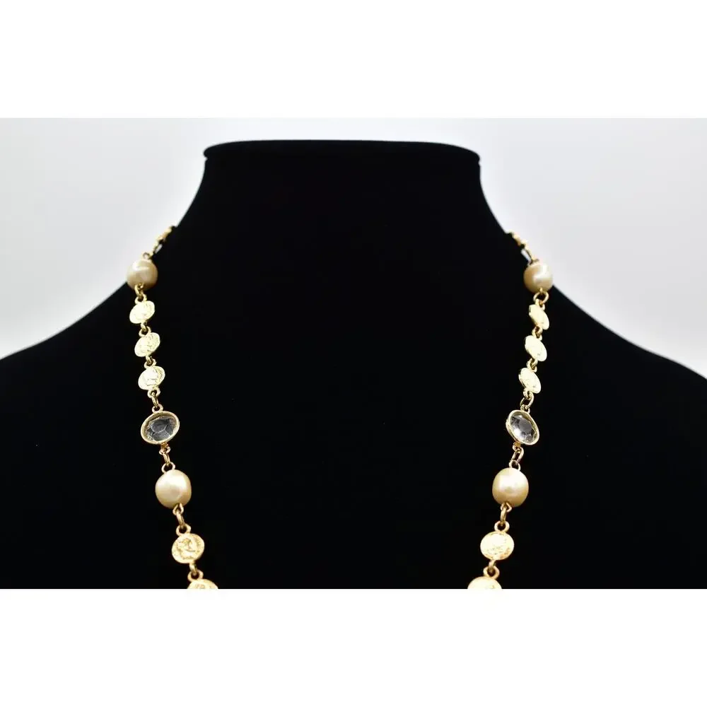 Vintage Open Bezel Crystal Coin Necklace Station Pearl Chain Gold 1980s BinBN